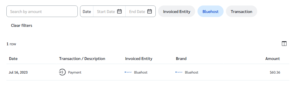 لقطة سجل مدفوعات Bluehost تظهر عملية Payment بتاريخ 16 يوليو 2023 بقيمة 60.36 دولارًا
