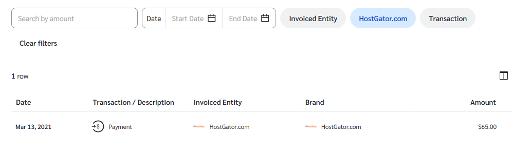 لقطة سجل مدفوعات HostGator تظهر عملية Payment بتاريخ 13 مارس 2021 بقيمة 65 دولارًا